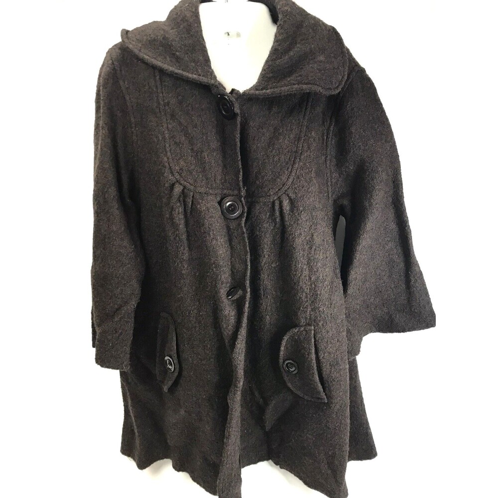 Ashley B Bernardo Cardigan Womens M Boiled Wool Jacket Brown Whimsy 3/4 sleeve